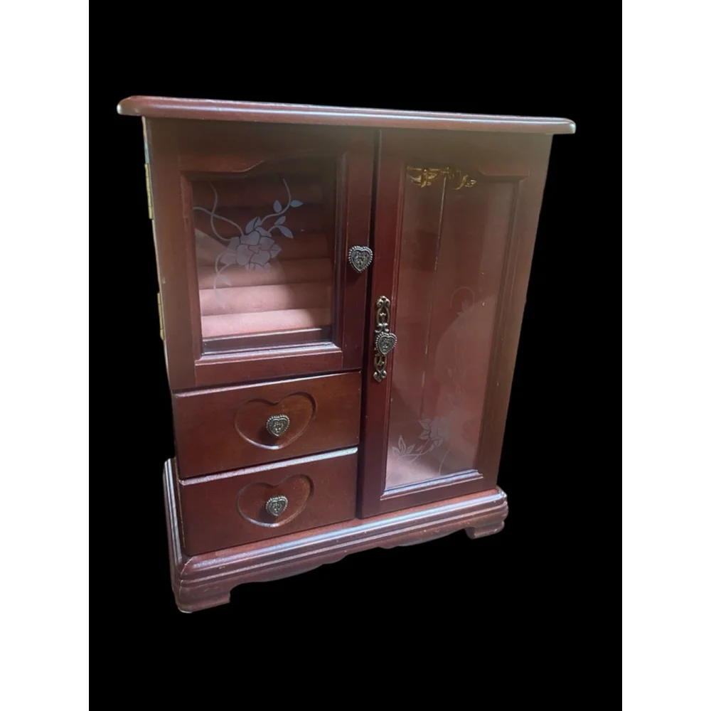 American Vintage Brown Wooden Jewelry Armoire with Glass Door